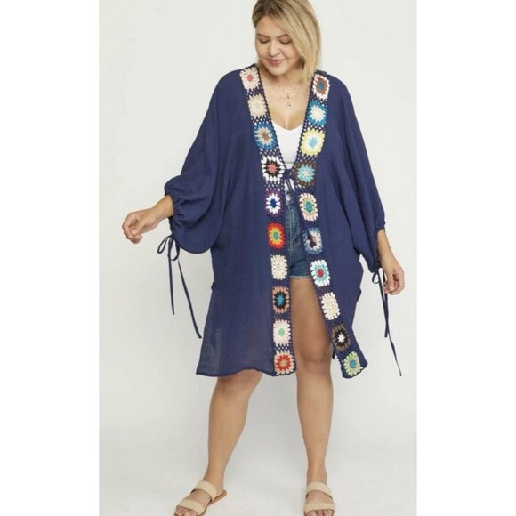 Entro Boho Crochet Trim Tie Open Front Kimono Duster XL Cover Up Patchwork NWT - Picture 2 of 9